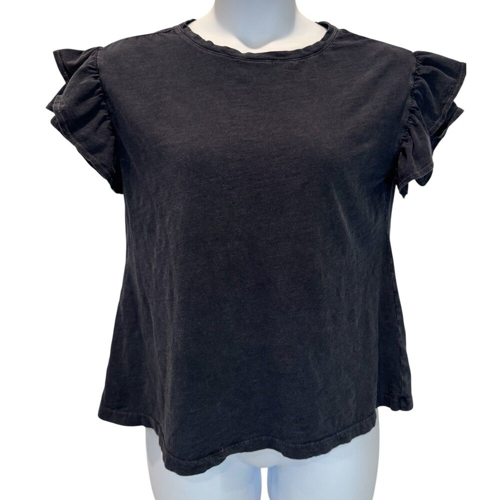 Lane Bryant Women’s L 10/12 Charcoal Gray Blue Ruffle Sleeve Crew Neck Tee Shirt